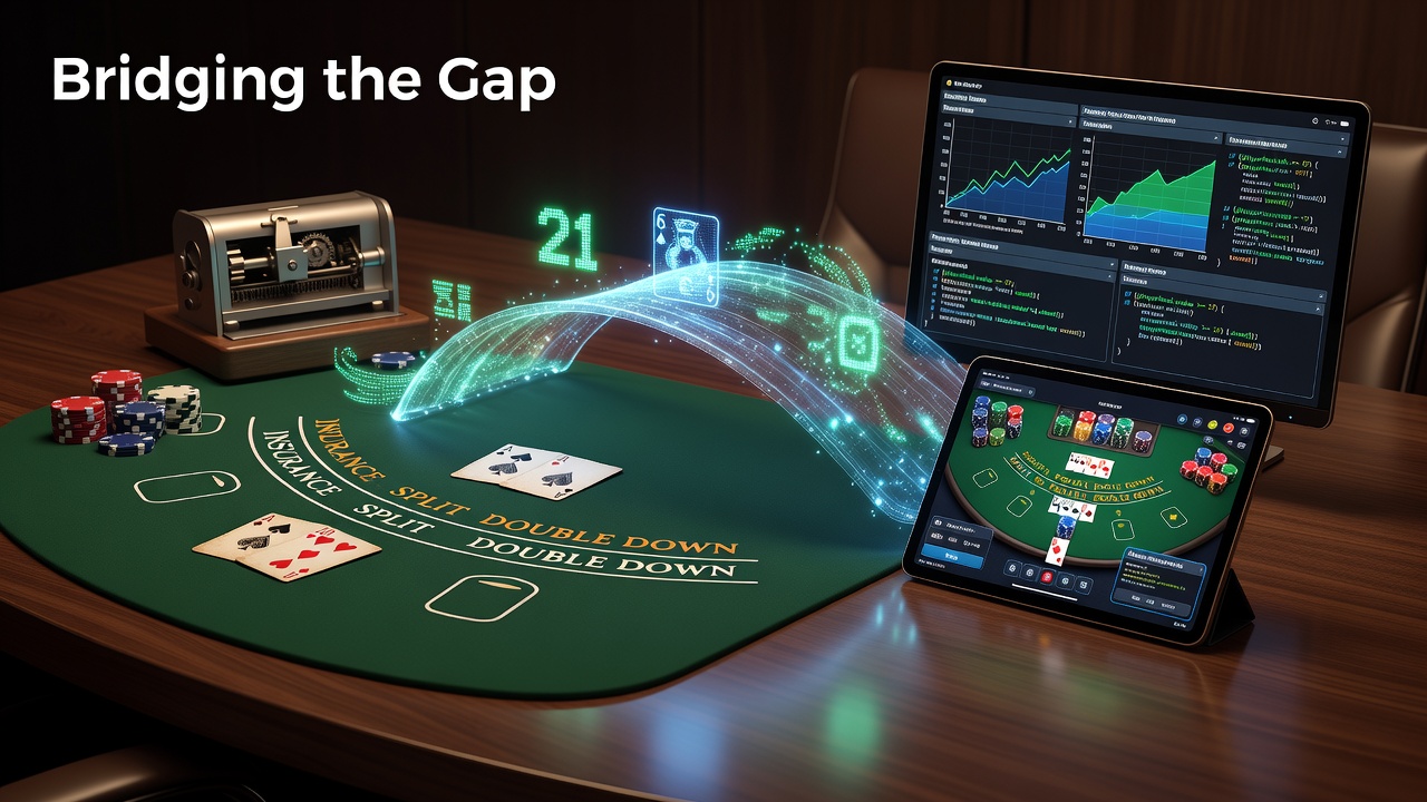 Traditionelle Blackjack-Karten und moderne digitale Analyse-Tools nebeneinander dargestellt