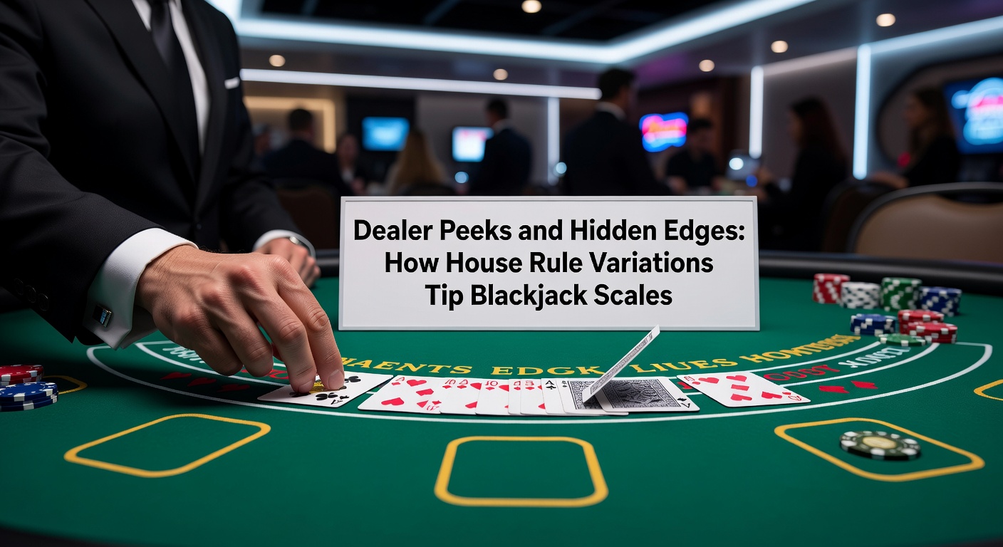 Blackjack-Tisch mit Dealer, der Karten peekt, beleuchtet die subtile Mechanik der Hausregeln