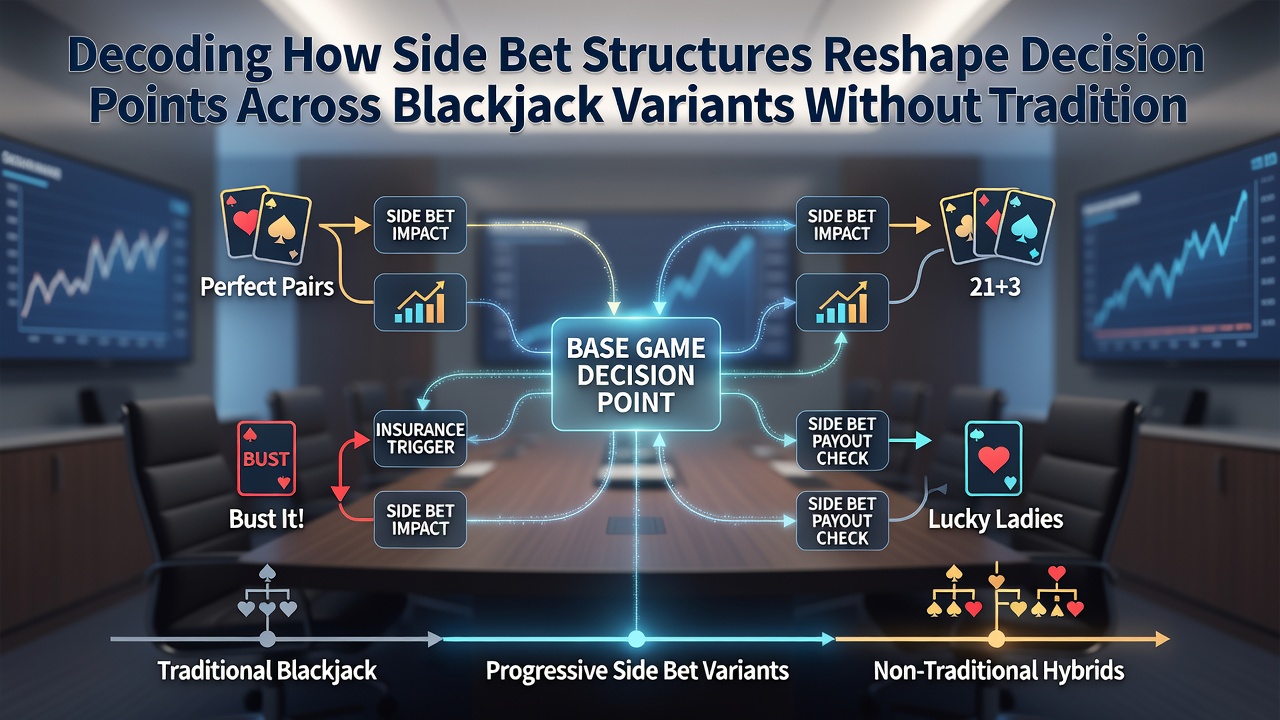 Spieler am Blackjack-Tisch mit Fokus auf Side-Bet-Entscheidungen und Kartenkombinationen
