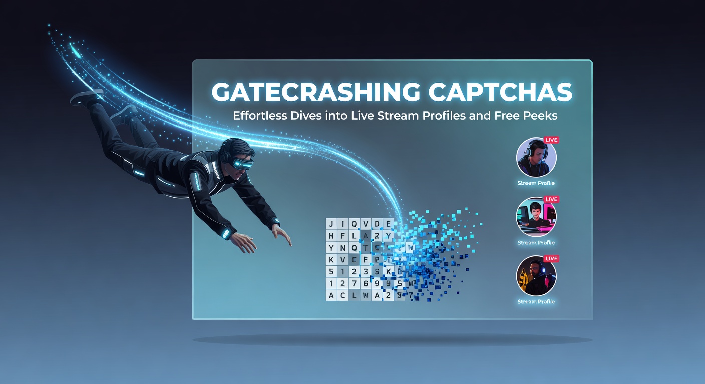 Visuelle Darstellung eines Captcha-Systems bei einem Live-Stream-Zugang mit überlagerten Profildaten und Stream-Schnappschüssen